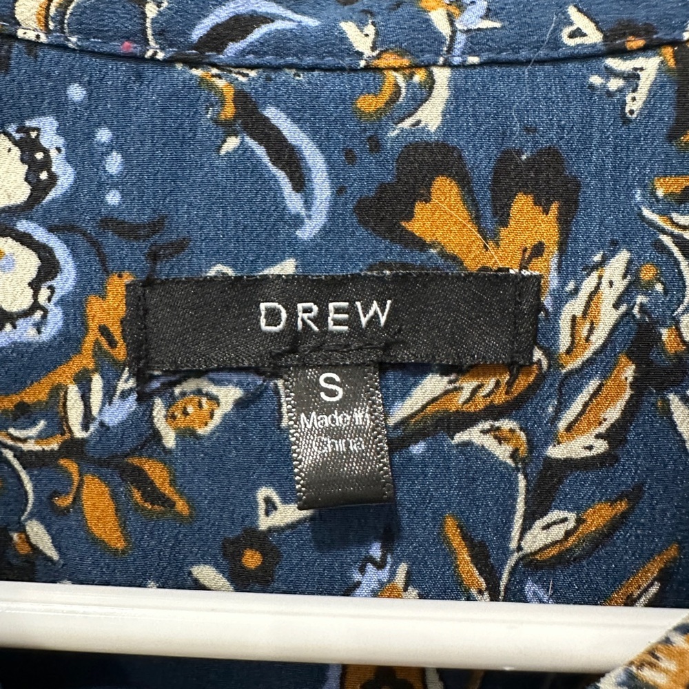 DREW Floral Patterned Blue and Gold Women's Long Sleeve Button Front Blouse - Picture 5 of 7